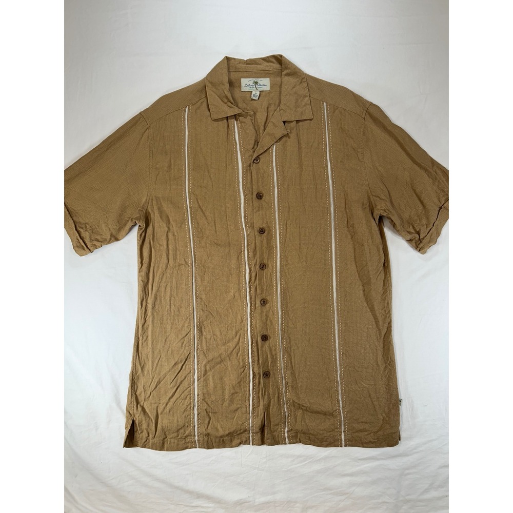 Island Shores Mens LT Silk Washable Camp Shirt Tan Embroidered Short Sleeve